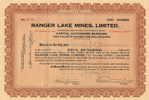 Ranger Lake Mines, Limited - Canadian Mining Stock Certificate